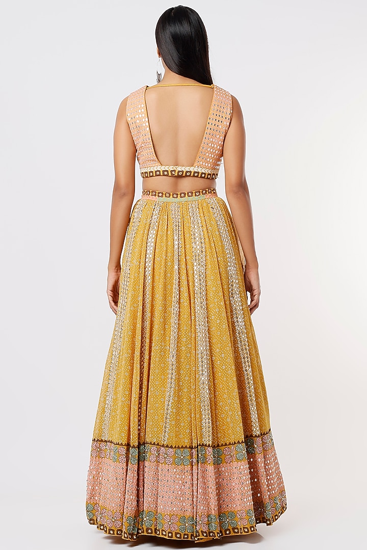 Ochre Yellow Block Printed Wedding Lehenga by Surbhi Gupta at Pernia's Pop Up Shop