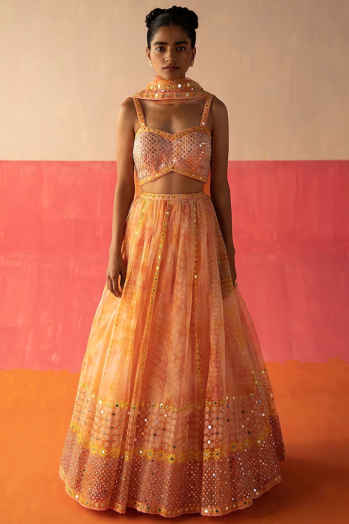Pink & Orange Embroidered Lehenga Set by Surbhi Gupta