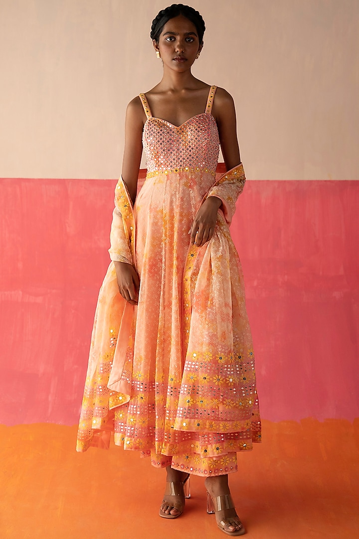 Pink & Orange Embroidered Anarkali Set by Surbhi Gupta