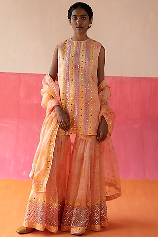 Pink & Orange Organza Printed Sharara Set by Surbhi Gupta