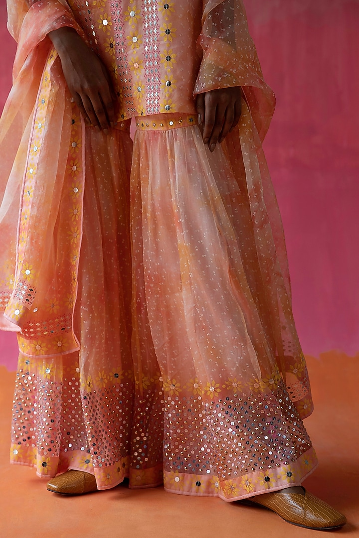 Pink & Orange Organza Printed Wedding Sharara Set by Surbhi Gupta at Pernia's Pop Up Shop