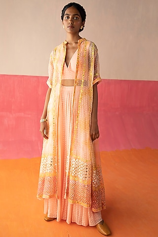 Pink & Orange Printed Jacket Set by Surbhi Gupta