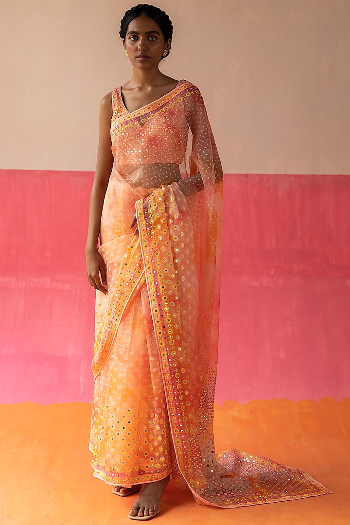 Pink & Orange Embroidered Saree Set by Surbhi Gupta
