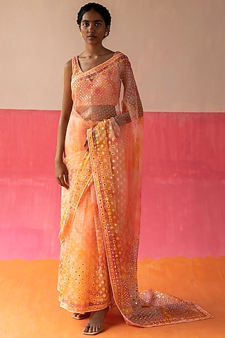 Pink & Orange Organza Sequins Embroidered Saree Set by Surbhi Gupta