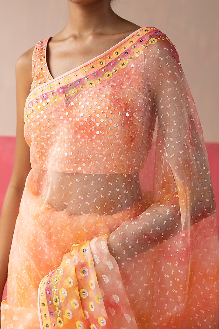 Pink & Orange Organza Sequins Embroidered Wedding Saree Set by Surbhi Gupta at Pernia's Pop Up Shop