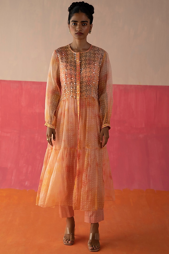 Pink & Orange Printed Kurta Set by Surbhi Gupta