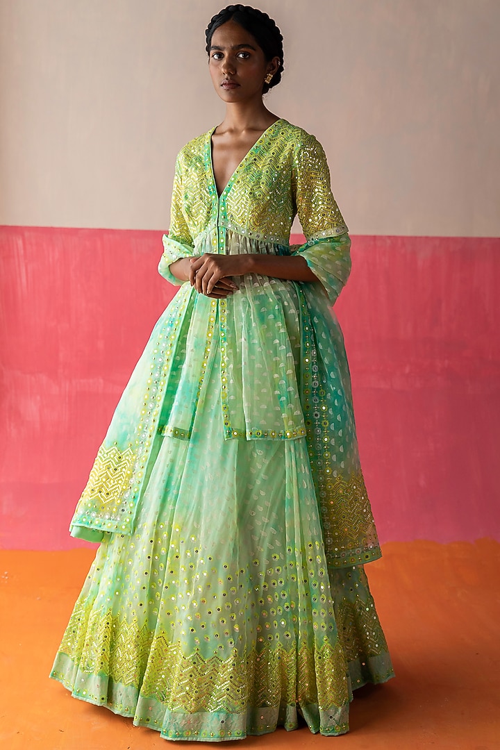 Yellow & Green Embroidered Wedding Lehenga Set by Surbhi Gupta at Pernia's Pop Up Shop