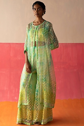 Yellow & Green Embroidered Jacket Set by Surbhi Gupta