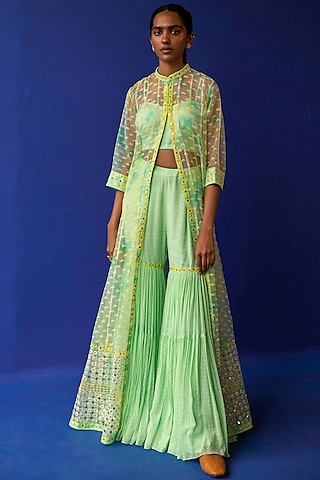 Yellow & Green Printed Jacket Set by Surbhi Gupta