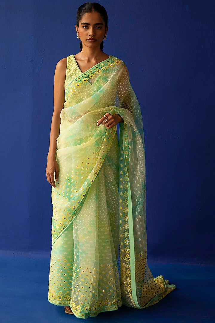 Yellow & Green Organza Mirror & Sequins Embroidered Saree Set by Surbhi Gupta
