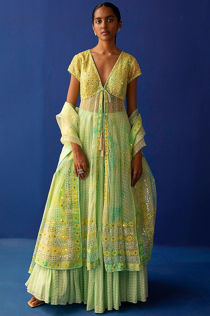 Yellow & Green Embroidered Anarkali Set by Surbhi Gupta