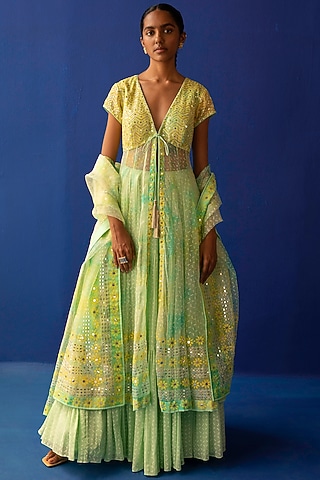 Yellow & Green Embroidered Anarkali Set by Surbhi Gupta