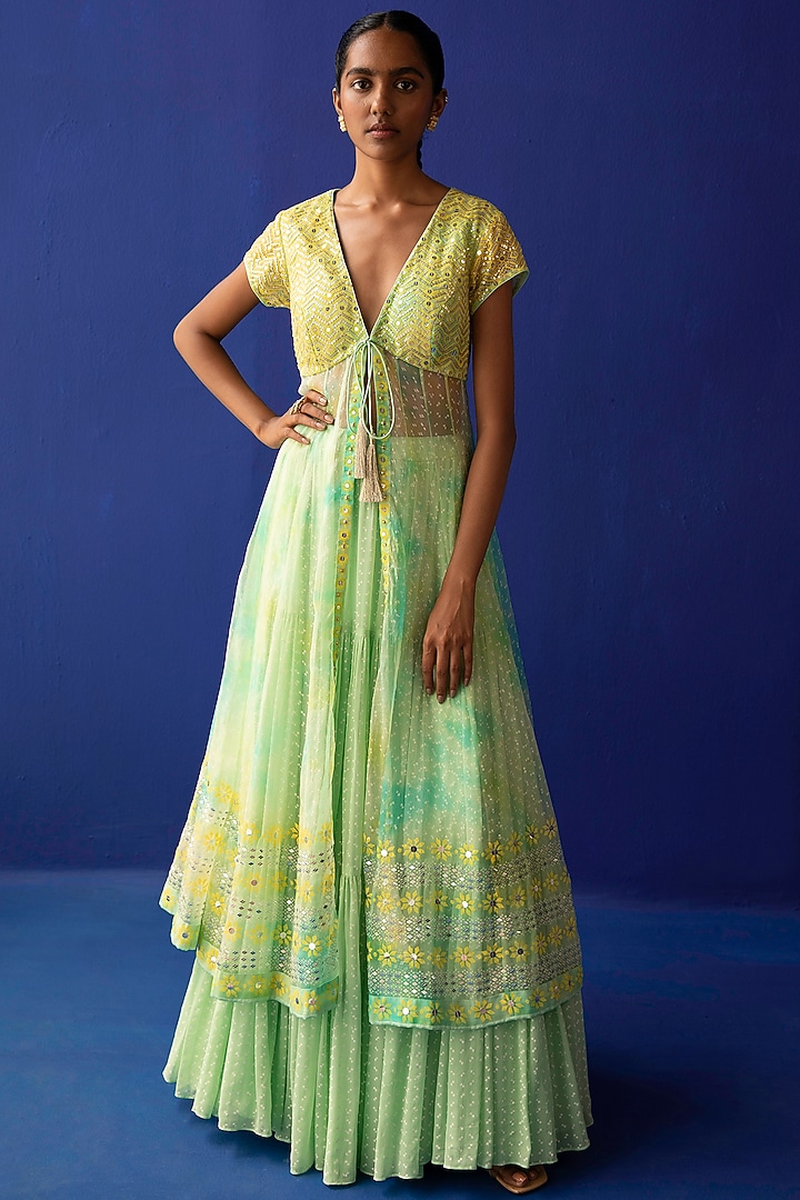 Yellow & Green Embroidered Wedding Anarkali Set by Surbhi Gupta at Pernia's Pop Up Shop