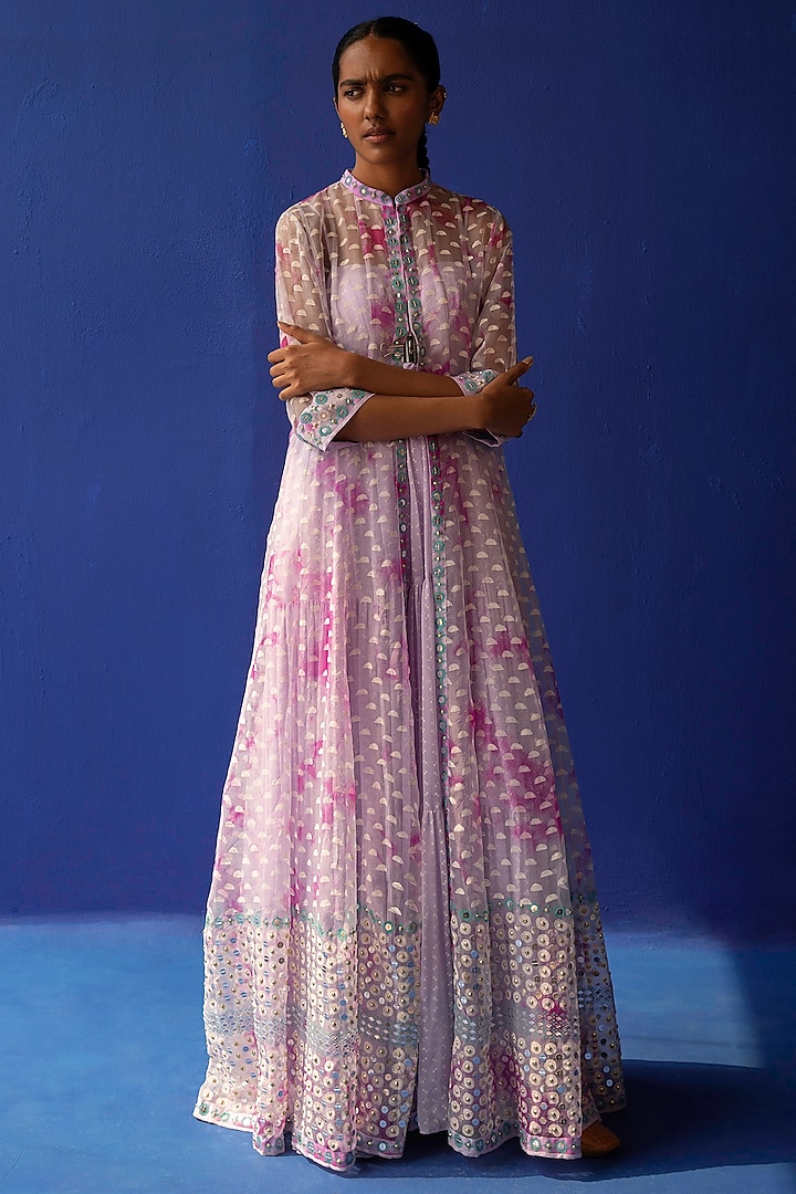 Lilac & Fuchsia Printed Jacket Dress by Surbhi Gupta