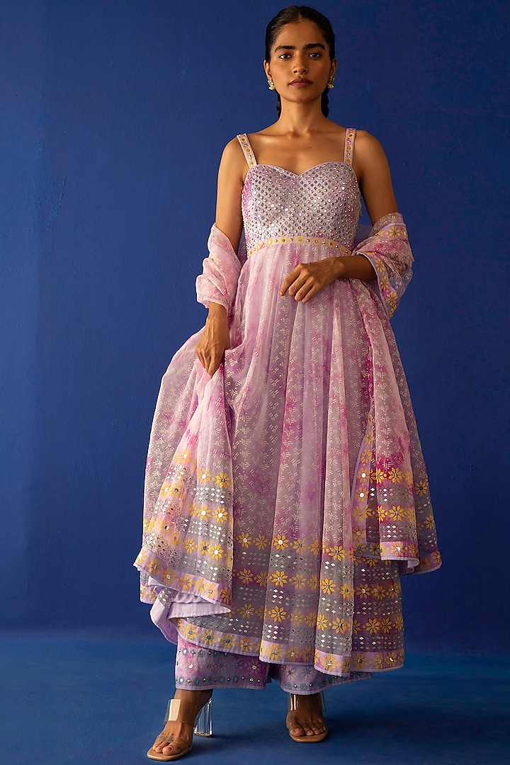 Lilac & Fuchsia Embroidered Anarkali Set by Surbhi Gupta at Pernia's Pop Up Shop