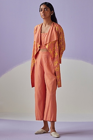 Coral Cotton Silk Block Printed Jacket Set by Surbhi Gupta