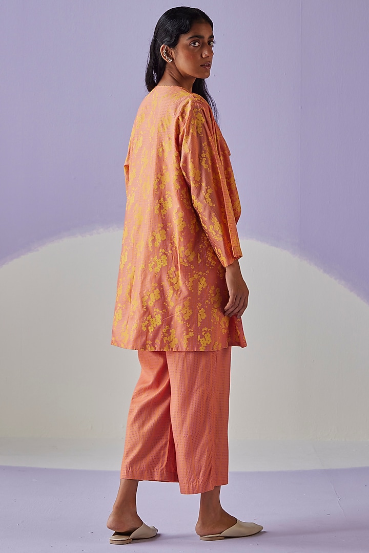 Coral Cotton Silk Block Printed Jacket Set by Surbhi Gupta at Pernia's Pop Up Shop