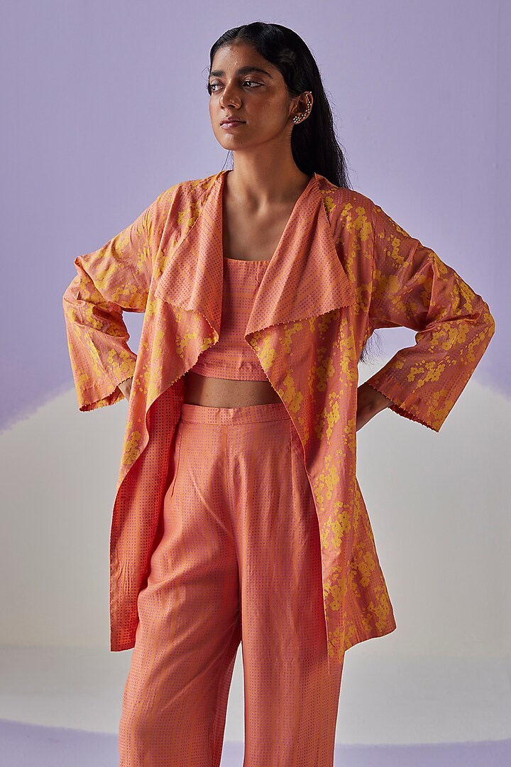 Coral Cotton Silk Block Printed Jacket Set by Surbhi Gupta at Pernia's Pop Up Shop