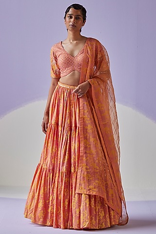 Coral Cotton Silk Block Printed Gathered Tiered Lehenga Set by Surbhi Gupta