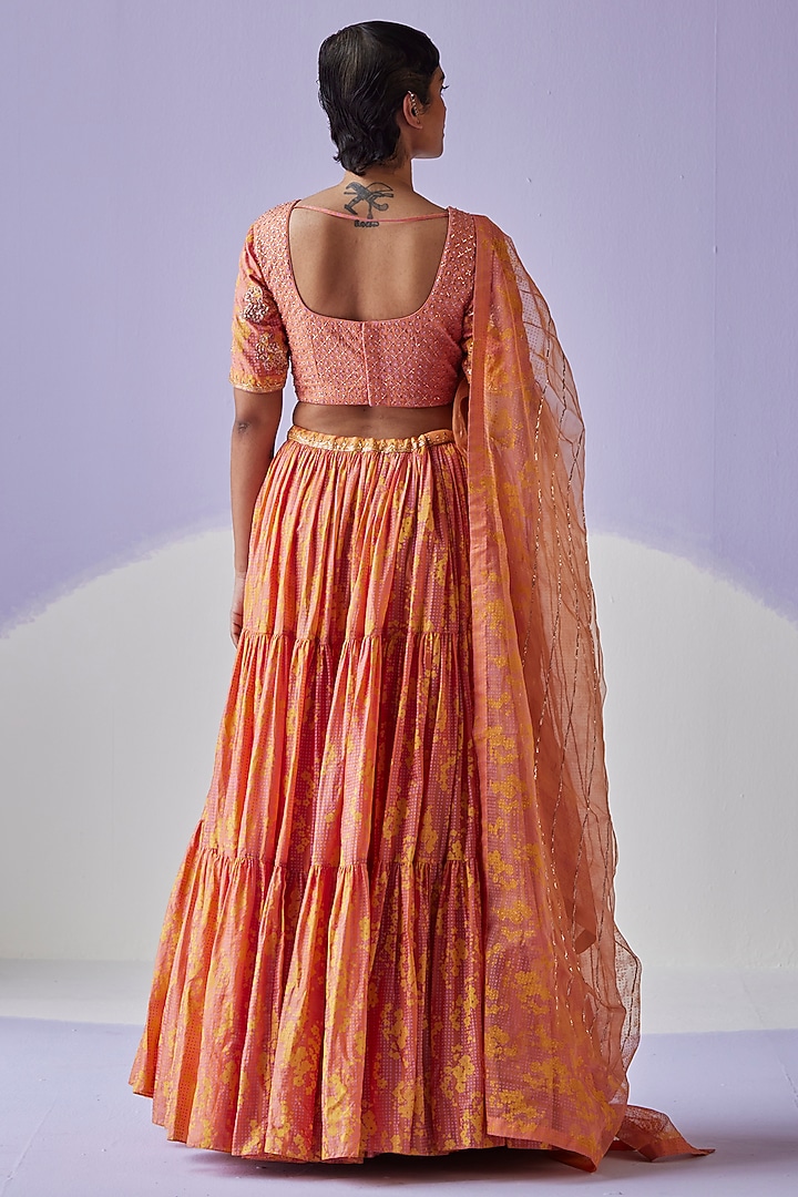 Coral Cotton Silk Block Printed Gathered Tiered Wedding Lehenga Set by Surbhi Gupta at Pernia's Pop Up Shop