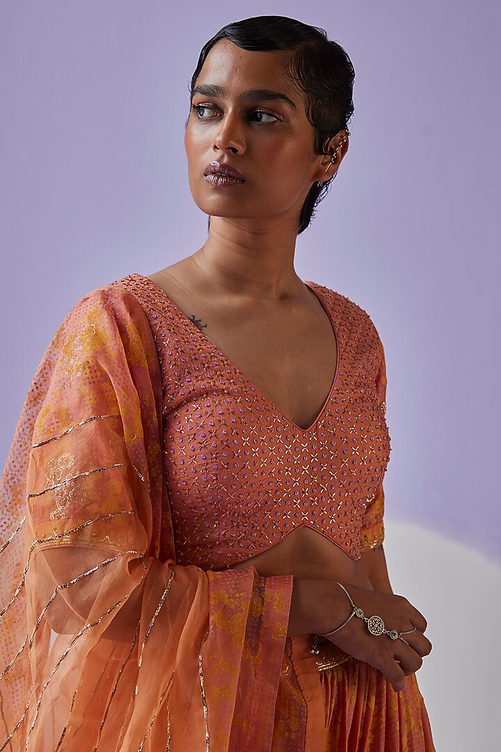 Coral Cotton Silk Block Printed Gathered Tiered Wedding Lehenga Set by Surbhi Gupta at Pernia's Pop Up Shop