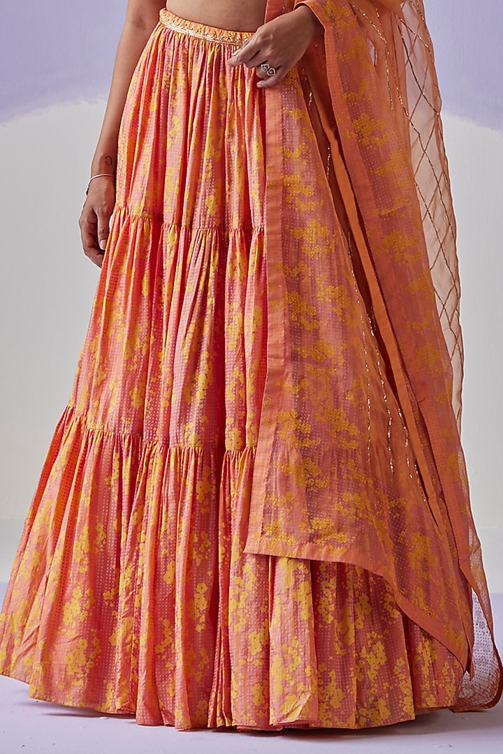 Coral Cotton Silk Block Printed Gathered Tiered Wedding Lehenga Set by Surbhi Gupta at Pernia's Pop Up Shop