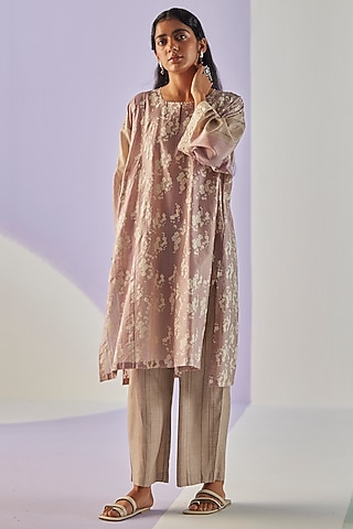 Grey Cotton Silk Block Printed Kurta Set by Surbhi Gupta