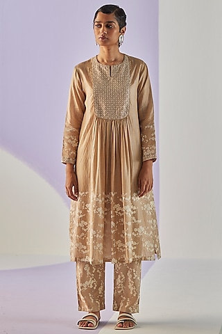 Grey Cotton Silk Block Printed Kurta Set by Surbhi Gupta