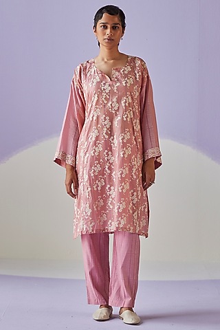 Pink Cotton Silk Block Printed Kurta Set by Surbhi Gupta