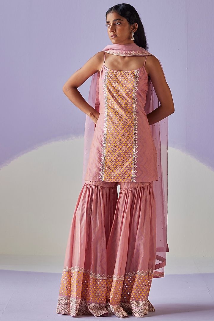 Pink Cotton Silk Block Printed Gathered Wedding Sharara Set by Surbhi Gupta at Pernia's Pop Up Shop