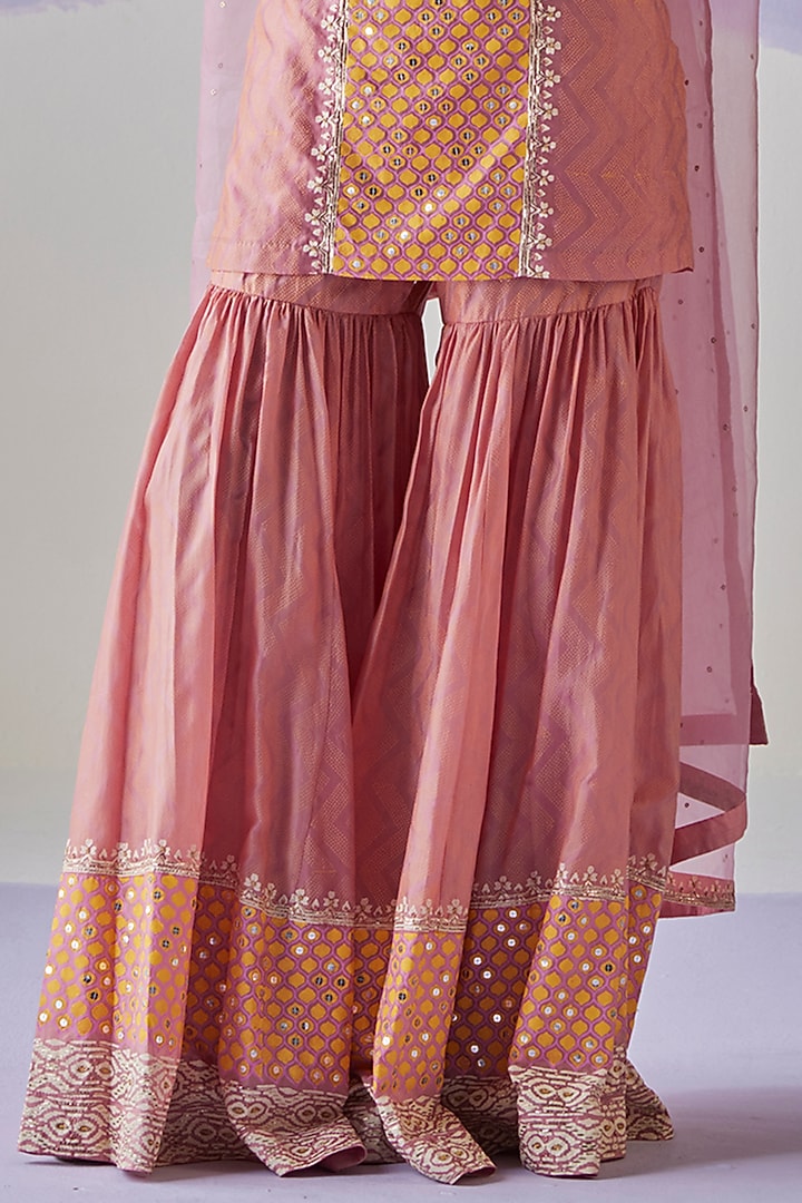 Pink Cotton Silk Block Printed Gathered Wedding Sharara Set by Surbhi Gupta at Pernia's Pop Up Shop