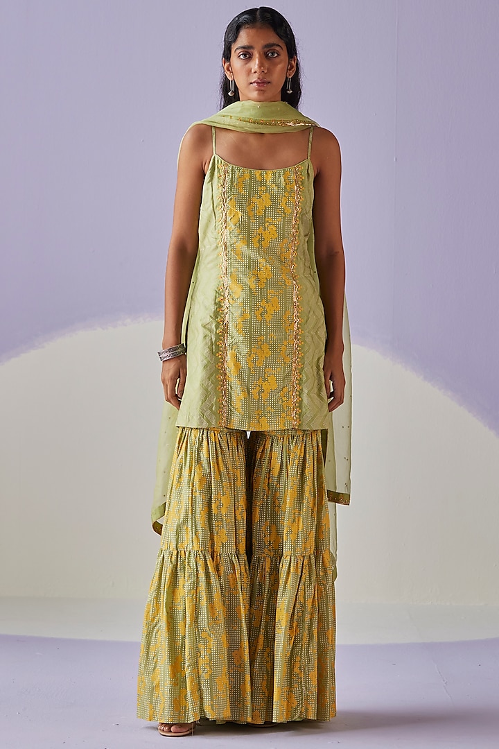 Green Cotton Silk Block Printed Sharara Set by Surbhi Gupta at Pernia's Pop Up Shop