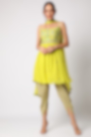 Lime Yellow Block Printed & Hand Embellished Kurta Set by Surbhi Gupta at Pernia's Pop Up Shop