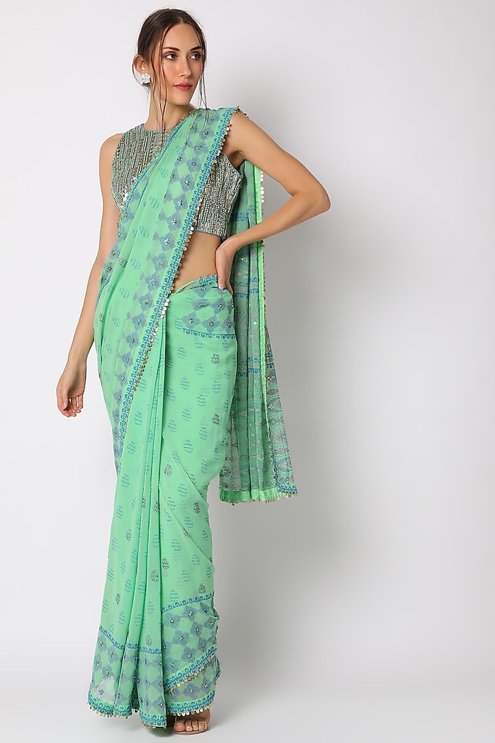 Mint Green Block Printed & Hand Embellished Saree Set by Surbhi Gupta