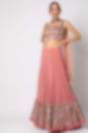 Coral Georgette Block Printed & Hand Embellished Skirt Set
 by Surbhi Gupta at Pernia's Pop Up Shop