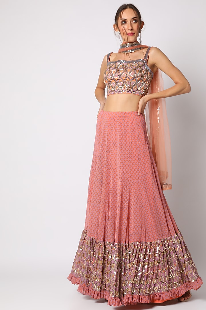 Coral Georgette Block Printed & Hand Embellished Skirt Set
 by Surbhi Gupta at Pernia's Pop Up Shop