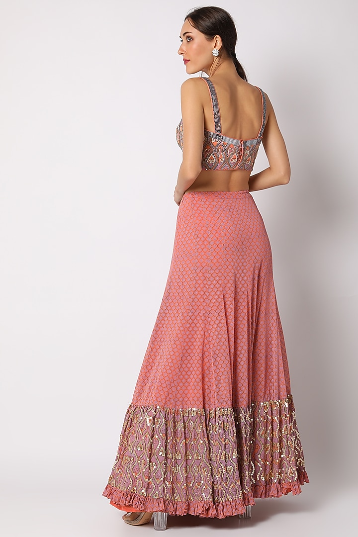 Coral Georgette Block Printed & Hand Embellished Skirt Set
by Surbhi Gupta at Pernia's Pop Up Shop