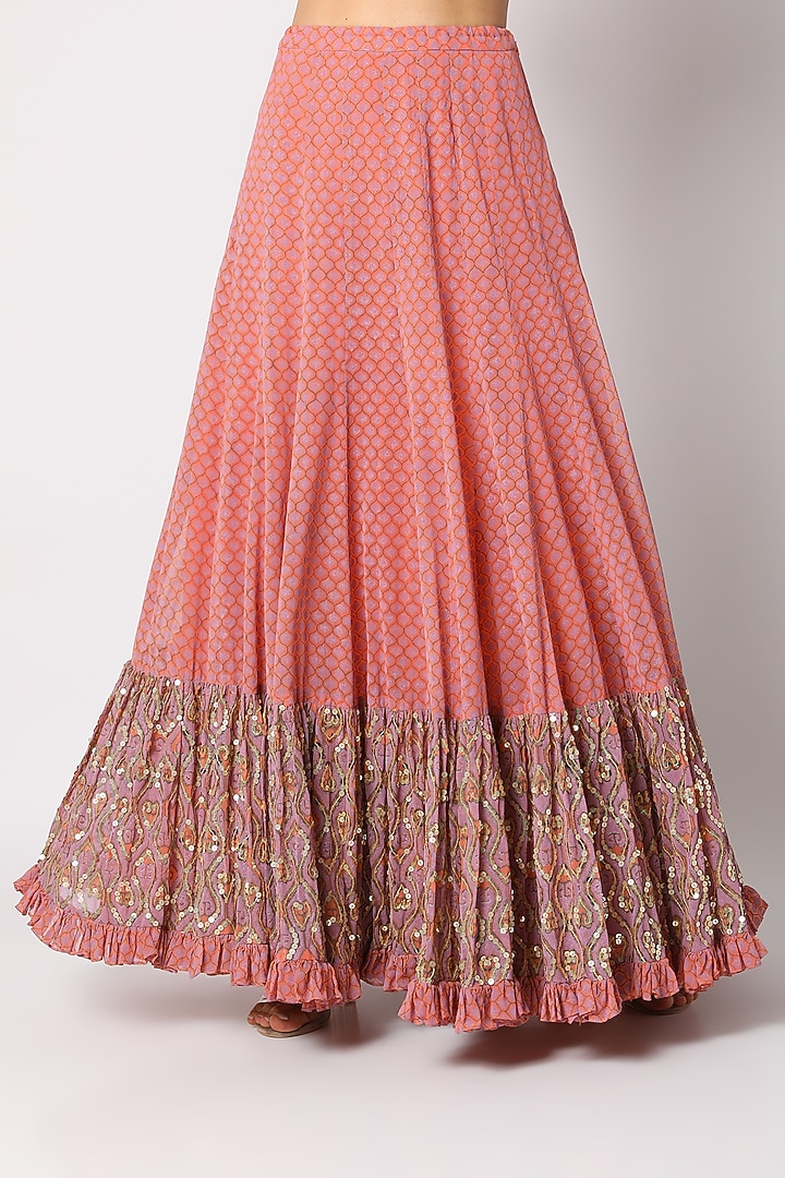 Coral Georgette Block Printed & Hand Embellished Skirt Set
by Surbhi Gupta at Pernia's Pop Up Shop