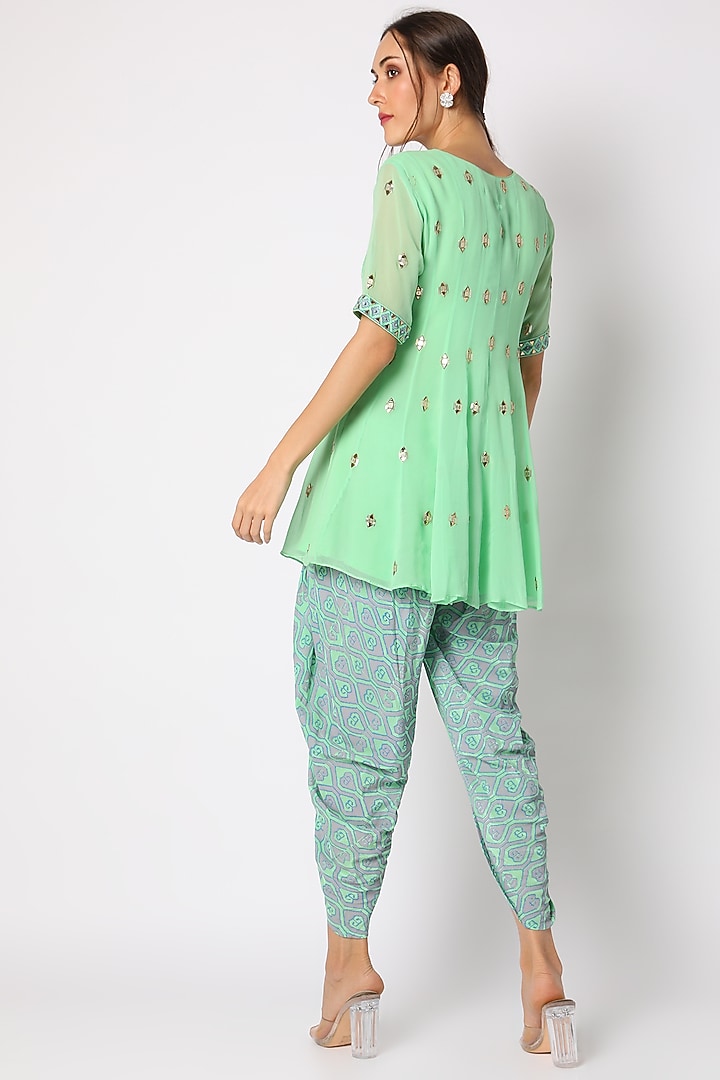 Mint Green Block Printed & Hand Embellished Wedding Anarkali Set by Surbhi Gupta at Pernia's Pop Up Shop
