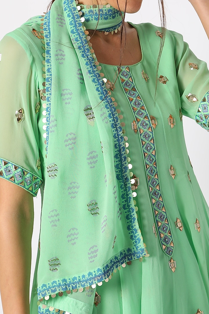 Mint Green Block Printed & Hand Embellished Wedding Anarkali Set by Surbhi Gupta at Pernia's Pop Up Shop