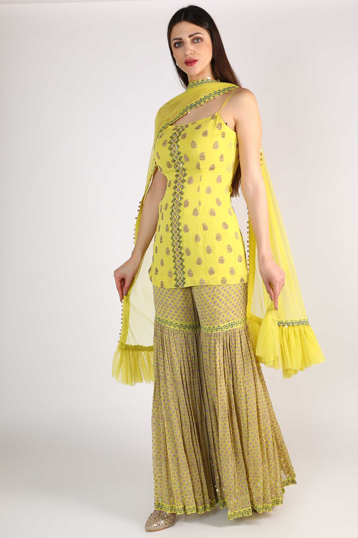 Lime Yellow Block Printed Wedding Sharara Set by Surbhi Gupta at Pernia's Pop Up Shop