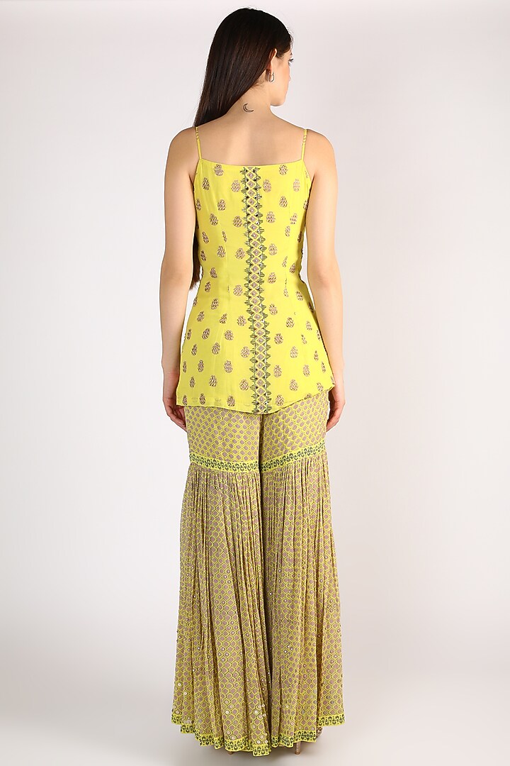 Lime Yellow Block Printed Wedding Sharara Set by Surbhi Gupta at Pernia's Pop Up Shop