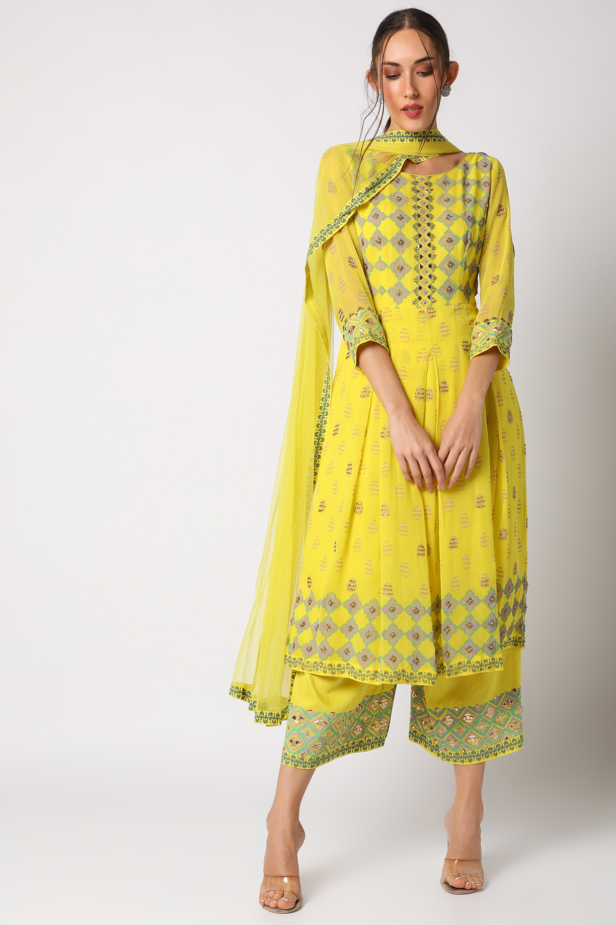 Lime Yellow Hand Embellished & Block Printed Kurta Set by Surbhi Gupta at Pernia's Pop Up Shop