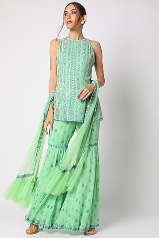 Mint Green Block Printed Sharara Set by Surbhi Gupta