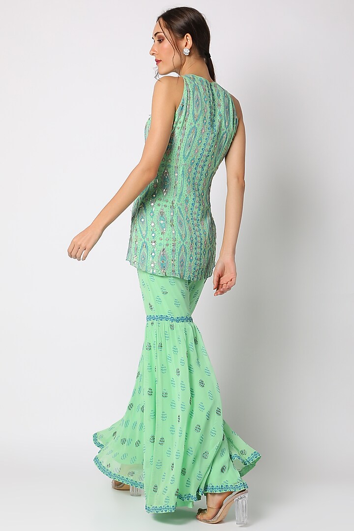 Mint Green Block Printed Wedding Sharara Set by Surbhi Gupta at Pernia's Pop Up Shop