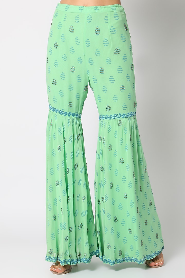 Mint Green Block Printed Wedding Sharara Set by Surbhi Gupta at Pernia's Pop Up Shop