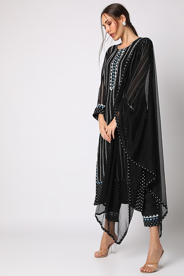 Black Block Printed & Hand Embellished Kurta Set by Surbhi Gupta