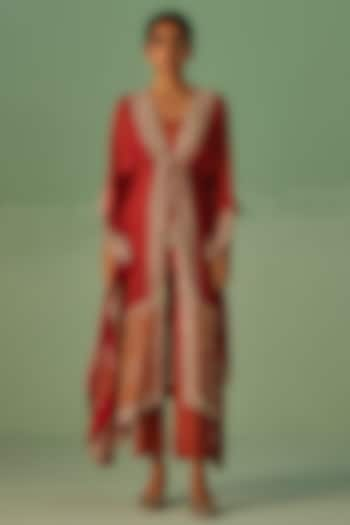 Red Bamboo Georgette Printed & Embroidered Kaftan Set by Surbhi Gupta at Pernia's Pop Up Shop