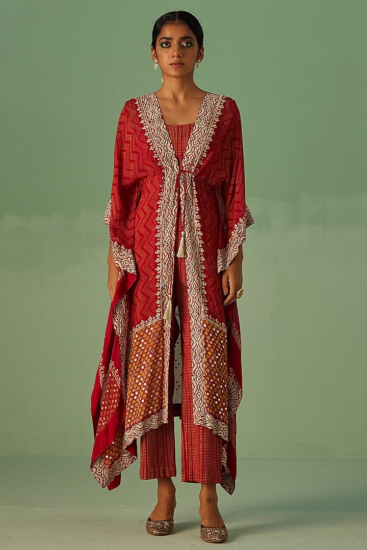 Red Bamboo Georgette Printed & Embroidered Kaftan Set by Surbhi Gupta at Pernia's Pop Up Shop