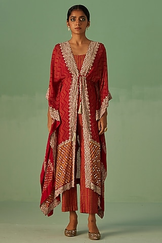 Red Bamboo Georgette Printed & Embroidered Kaftan Set by Surbhi Gupta